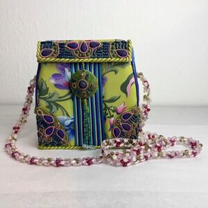 VINTAGE Mary Frances Green Floral Beaded Crossbody Bag Purple Striped Boho Purse